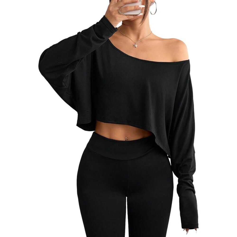 Women's Off Shoulder Crop Top Long Sleeve Casual Style Black Small